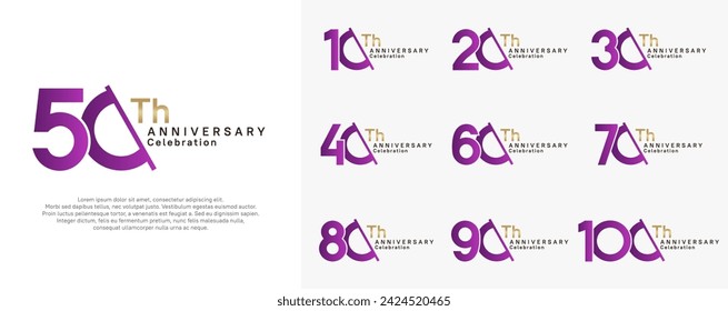 conjunto de vectores de logotipo de aniversario. color púrpura y dorado con barra para el día de la celebración