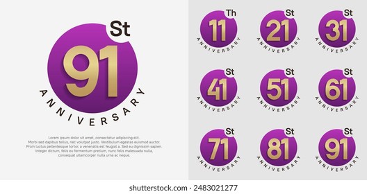 anniversary logotype vector set with purple color circle and gold number can be use for celebration moment