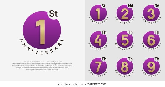 anniversary logotype vector set with purple color circle and gold number can be use for celebration moment