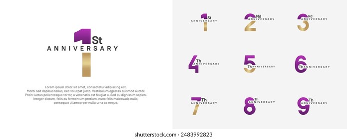 conjunto de Vector de logotipo de aniversario, color púrpura y dorado para fines de celebración