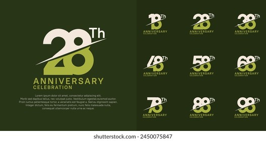 anniversary logotype vector set with white and green color and slash for celebration day