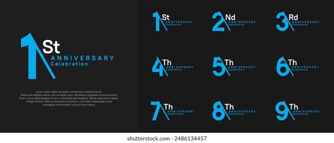 anniversary logotype vector set. white and blue color with slash for celebration day