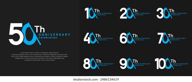 anniversary logotype vector set. white and blue color with slash for celebration day