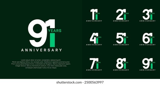 Vector del logotipo del aniversario fijado con el color blanco y verde para el día especial de la celebración