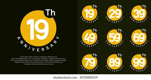 anniversary logotype vector set with yellow color circle and white number can be use for celebration moment