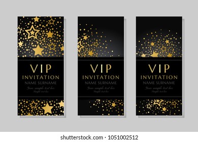 Anniversary luxury backgrounds with gold stars decoration. Vertical banners. Vip invitation template