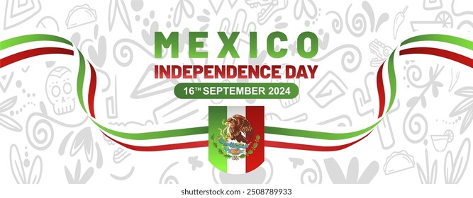 Anniversary of Mexico Independence day 16th september 2024 banner with national symbol and flag ribbon. Viva Mexico independencia 2024 vector illustration, background, template, poster, banner. 