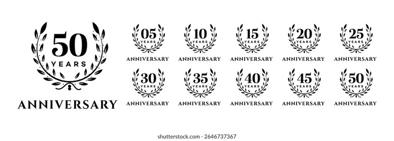 Anniversary Milestone Logos 5, 10, 15, 20, 25, 30, 35, 40, 45, 50 Years