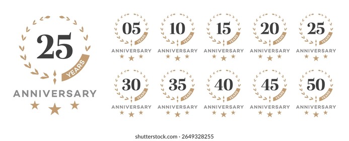 Anniversary Milestone Logos 5, 10, 15, 20, 25, 30, 35, 40, 45, 50 Years