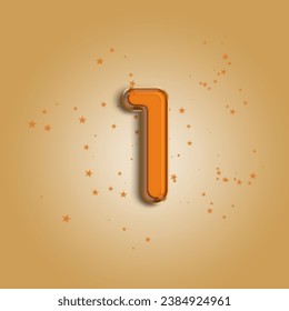 Anniversary number 1 foil orange balloon. Happy birthday, congratulations poster. Orange balloon number with glitter stars decoration. Vector background