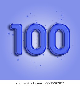 Anniversary number 100 foil blue balloon. Happy birthday, congratulations poster. Blue balloon number with glitter stars decoration. Vector background