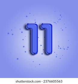 Anniversary number 11 foil blue balloon. Happy birthday, congratulations poster. Blue balloon number with glitter stars decoration. Vector background