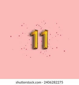 Anniversary number 11 foil gold balloon. Gold number with star confetti. Happy birthday, congratulations poster. Vector background.