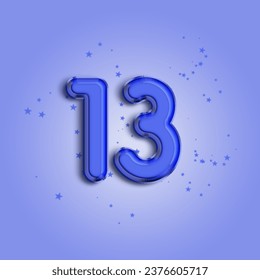 Anniversary number 13 foil blue balloon. Happy birthday, congratulations poster. Blue balloon number with glitter stars decoration. Vector background