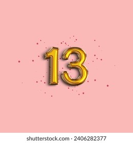 Anniversary number 13 foil gold balloon. Gold number with star confetti. Happy birthday, congratulations poster. Vector background.