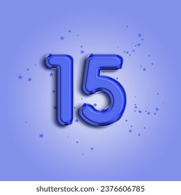 Anniversary number 15 foil blue balloon. Happy birthday, congratulations poster. Blue balloon number with glitter stars decoration. Vector background