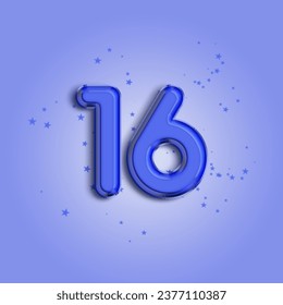 Anniversary number 16 foil blue balloon. Happy birthday, congratulations poster. Blue balloon number with glitter stars decoration. Vector background