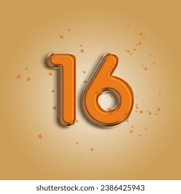 Anniversary number 16 foil orange balloon. Happy birthday, congratulations poster. Orange balloon number with glitter stars decoration. Vector background