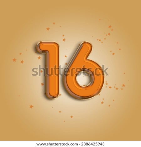 Anniversary number 16 foil orange balloon. Happy birthday, congratulations poster. Orange balloon number with glitter stars decoration. Vector background