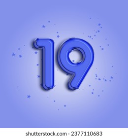 Anniversary number 19 foil blue balloon. Happy birthday, congratulations poster. Blue balloon number with glitter stars decoration. Vector background