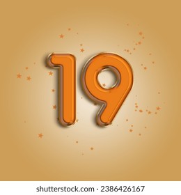 Anniversary number 19 foil orange balloon. Happy birthday, congratulations poster. Orange balloon number with glitter stars decoration. Vector background