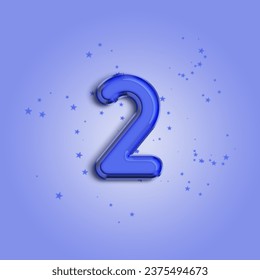 Anniversary number 2 foil blue balloon. Happy birthday, congratulations poster. Blue balloon number with glitter stars decoration. Vector background