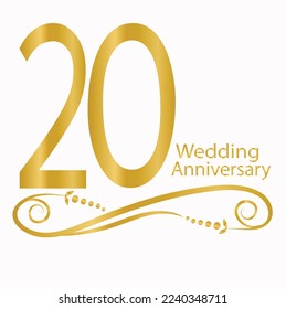 Anniversary number 20 with golden gradient. For congratulations and letter postcard design. Porcelain wedding. Graphic vector illustration