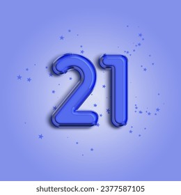 Anniversary number 21 foil blue balloon. Happy birthday, congratulations poster. Blue balloon number with glitter stars decoration. Vector background