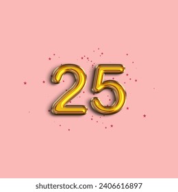 Anniversary number 25 foil gold balloon. Gold number with star confetti. Happy birthday, congratulations poster. Vector background.