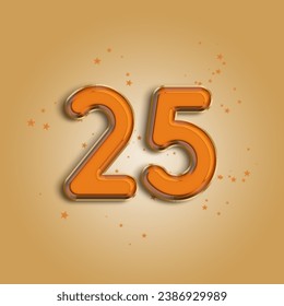 Anniversary number 25 foil orange balloon. Happy birthday, congratulations poster. Orange balloon number with glitter stars decoration. Vector background