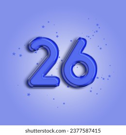 Anniversary number 26 foil blue balloon. Happy birthday, congratulations poster. Blue balloon number with glitter stars decoration. Vector background