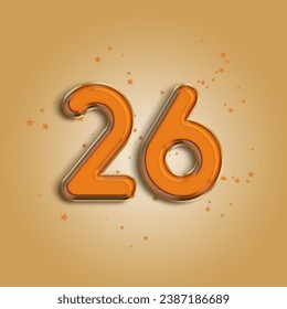 Anniversary number 26 foil orange balloon. Happy birthday, congratulations poster. Orange balloon number with glitter stars decoration. Vector background