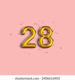 Anniversary number 28 foil gold balloon. Gold number with star confetti. Happy birthday, congratulations poster. Vector background.