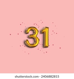 Anniversary number 31 foil gold balloon. Gold number with star confetti. Happy birthday, congratulations poster. Vector background.