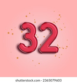Anniversary number 32 foil pink balloon. Happy birthday, congratulations poster. Pink balloon number with glitter stars decoration. Vector background.