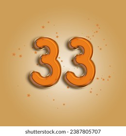 Anniversary number 33 foil orange balloon. Happy birthday, congratulations poster. Orange balloon number with glitter stars decoration. Vector background