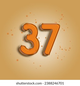 Anniversary number 37 foil orange balloon. Happy birthday, congratulations poster. Orange balloon number with glitter stars decoration. Vector background