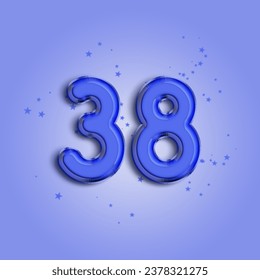 Anniversary number 38 foil blue balloon. Happy birthday, congratulations poster. Blue balloon number with glitter stars decoration. Vector background