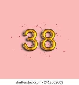 Anniversary number 38 foil gold balloon. Gold number with star confetti. Happy birthday, congratulations poster. Vector background.