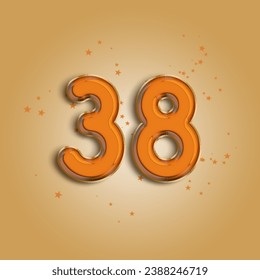 Anniversary number 38 foil orange balloon. Happy birthday, congratulations poster. Orange balloon number with glitter stars decoration. Vector background