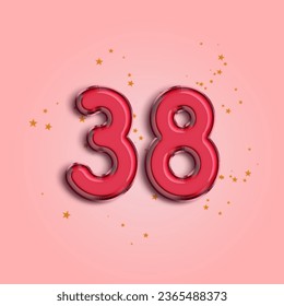 Anniversary number 38 foil pink balloon. Happy birthday, congratulations poster. Pink balloon number with glitter stars decoration. Vector background.