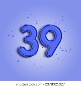 Aniversario número 39 globo azul de foil. Feliz cumpleaños, afiche de felicitaciones. Balón azul número con brillantes estrellas decoración. Fondo del vector