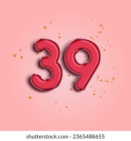 Anniversary number 39 foil pink balloon. Happy birthday, congratulations poster. Pink balloon number with glitter stars decoration. Vector background.