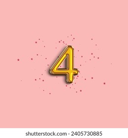 Anniversary number 4 foil gold balloon. Gold number with star confetti. Happy birthday, congratulations poster. Vector background.