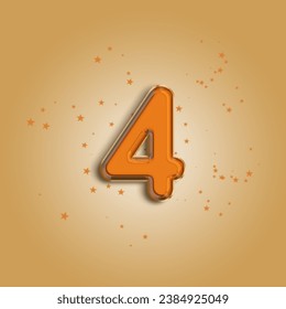 Anniversary number 4 foil orange balloon. Happy birthday, congratulations poster. Orange balloon number with glitter stars decoration. Vector background