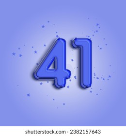 Anniversary number 41 foil blue balloon. Happy birthday, congratulations poster. Blue balloon number with glitter stars decoration. Vector background