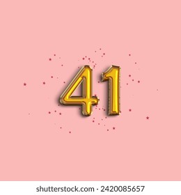 Anniversary number 41 foil gold balloon. Gold number with star confetti. Happy birthday, congratulations poster. Vector background.