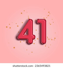 Anniversary number 41 foil pink balloon. Happy birthday, congratulations poster. Pink balloon number with glitter stars decoration. Vector background.