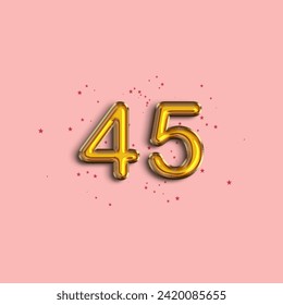 Anniversary number 45 foil gold balloon. Gold number with star confetti. Happy birthday, congratulations poster. Vector background.