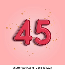 Anniversary number 45 foil pink balloon. Happy birthday, congratulations poster. Pink balloon number with glitter stars decoration. Vector background.